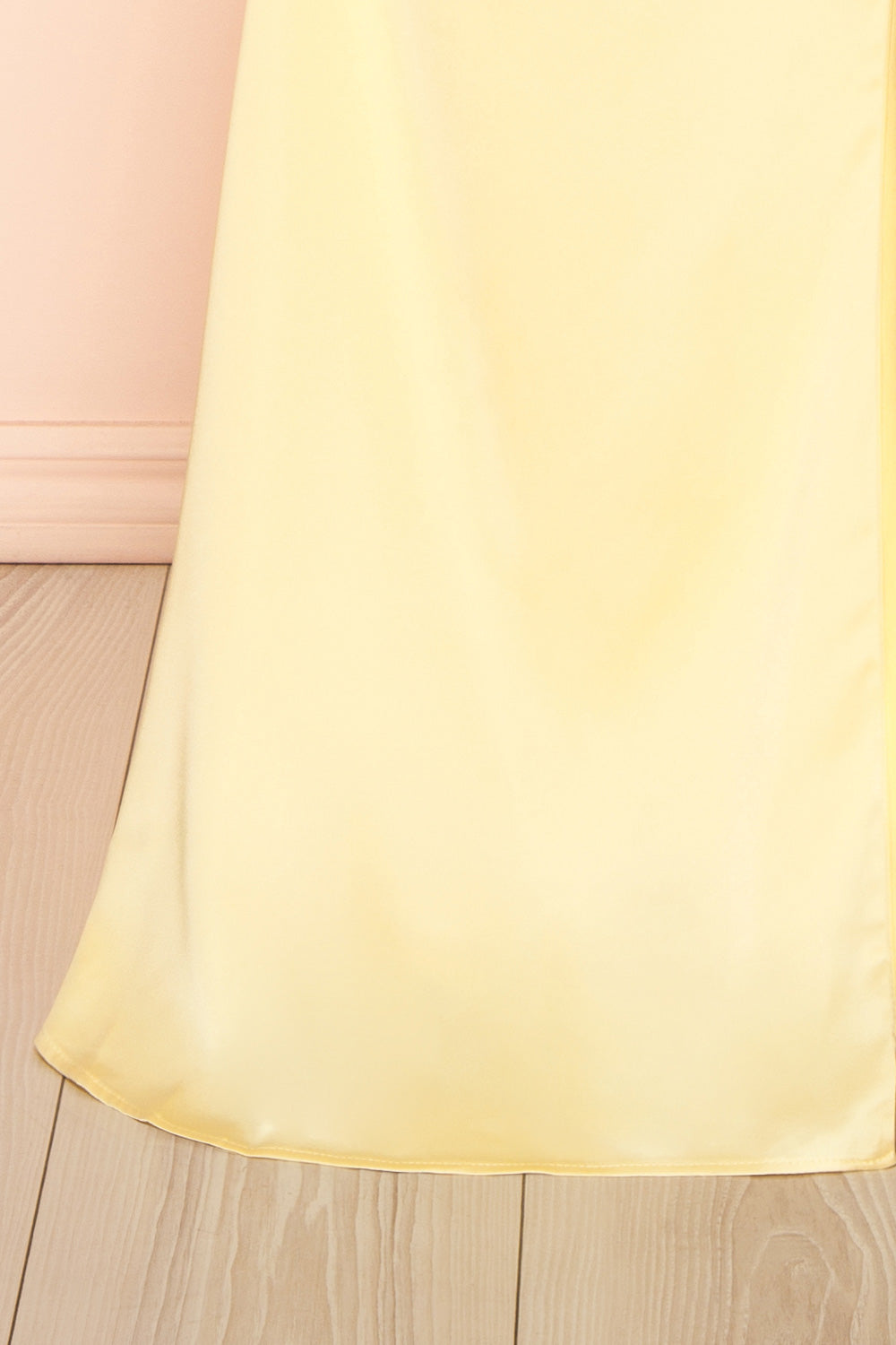 bottom of sewing mannequin wearing Kesha Light Yellow Corset Cowl Neck Maxi Dress | Boutique 1861