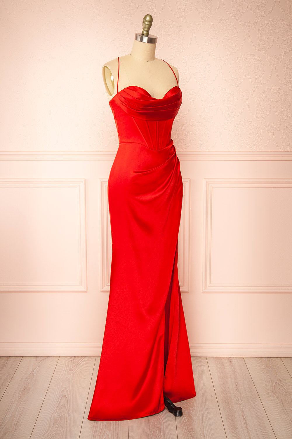 Kesha Red Corset Cowl Neck Maxi Dress