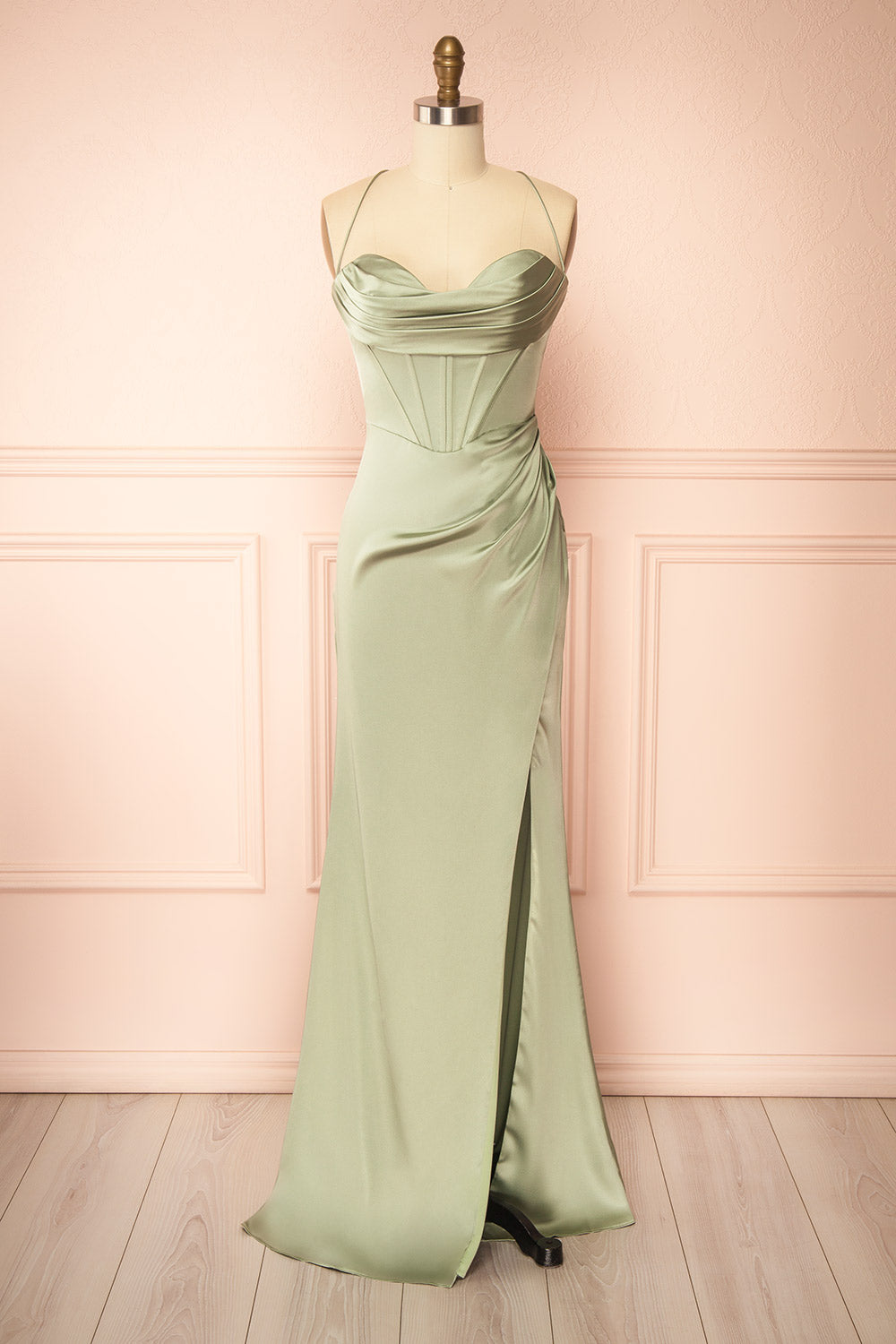 front view of sewing mannequin wearing Kesha Sage Corset Cowl Neck Maxi Dress from Boutique 1861