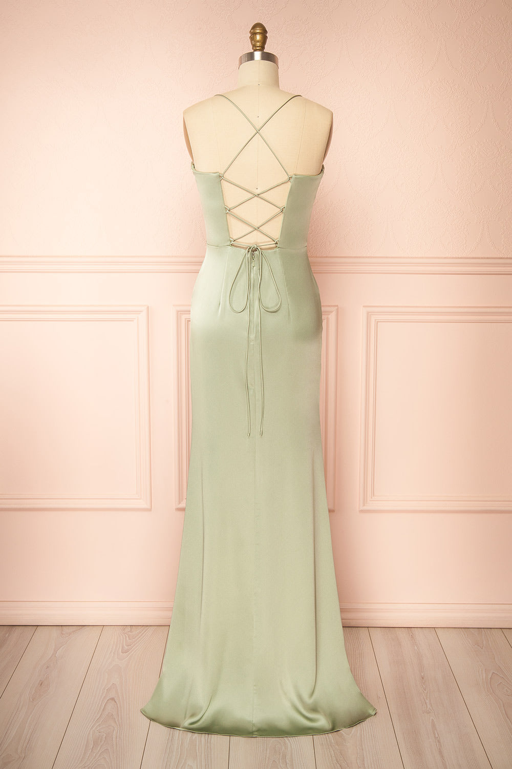 back view of sewing mannequin wearing Kesha Sage Corset Cowl Neck Maxi Dress from Boutique 1861