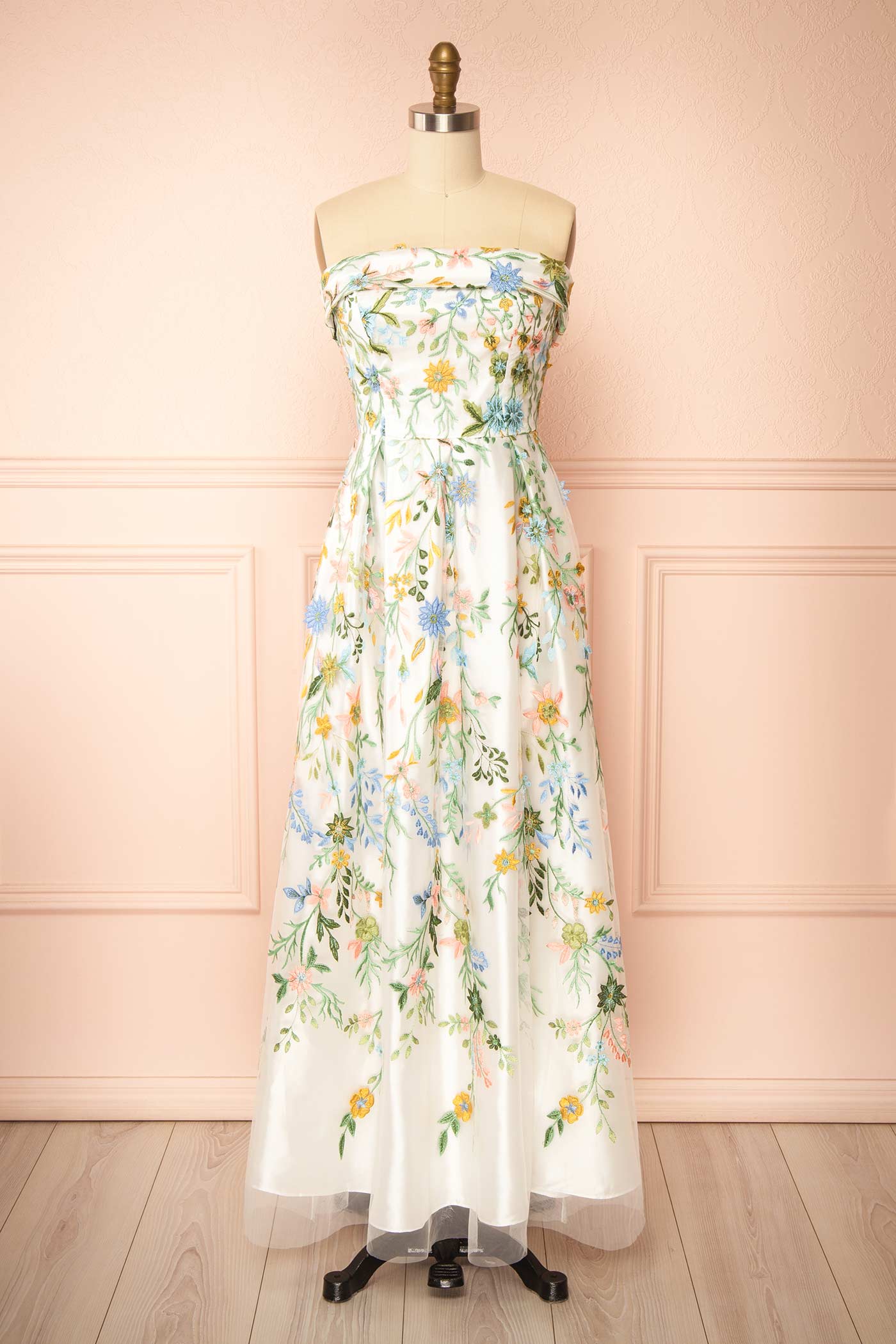 Keziah Strapless Floral Maxi Dress with Embroidery | Boutique 1861 front 