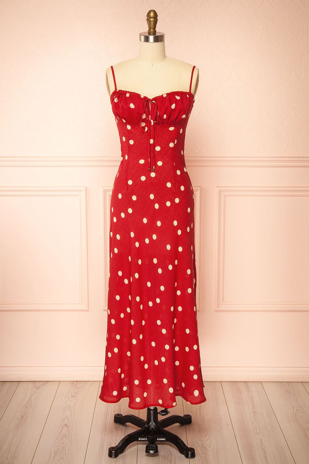 Khatiba Long Red Dress with Polka Dots and Slit | Boutique 1861 front view
