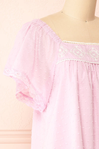 Khalesy Pink Short Sleeve Top w/ Embroidery | Boutique 1861 side close-up