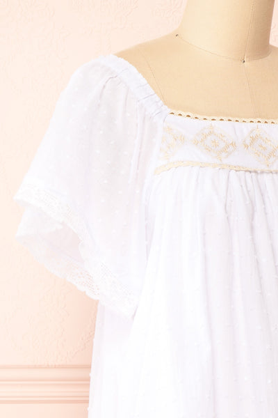 Khalesy White Short Sleeve Top w/ Embroidery | Boutique 1861 side close-up