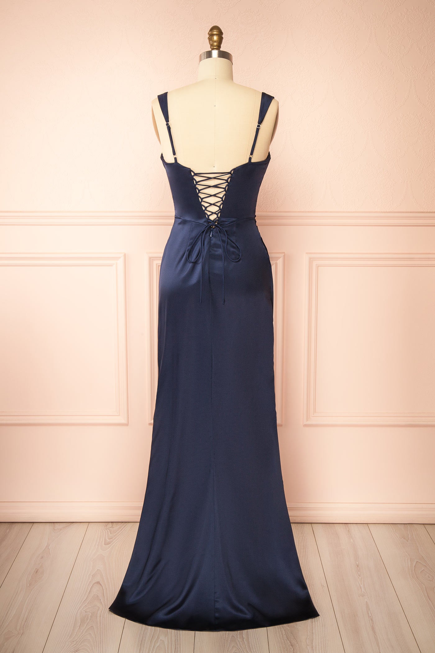 Khaly Navy | Satin Dress with Lace-Up Back