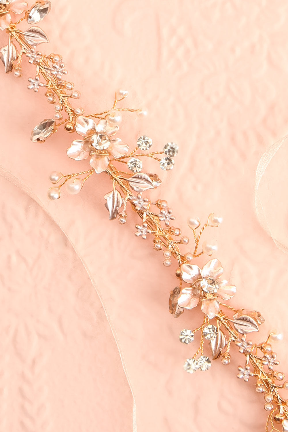 Khoi Gold Floral Rhinestone Ribbon Headband | Boudoir 1861 flat close-up