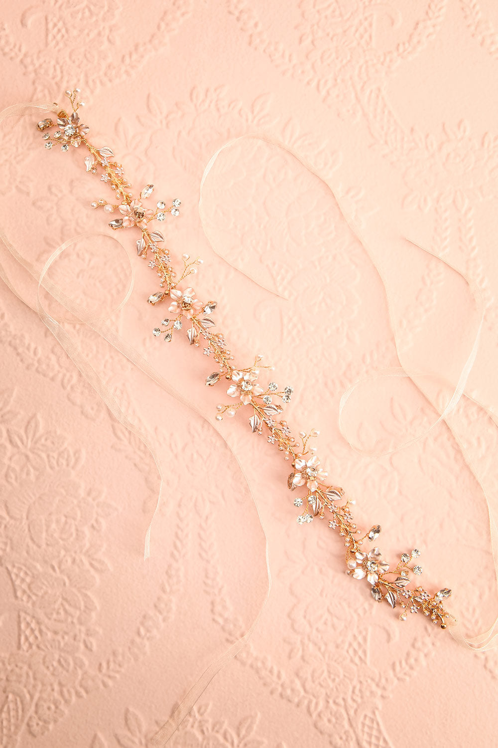 Khoi Gold Floral Rhinestone Ribbon Headband | Boudoir 1861 flat view