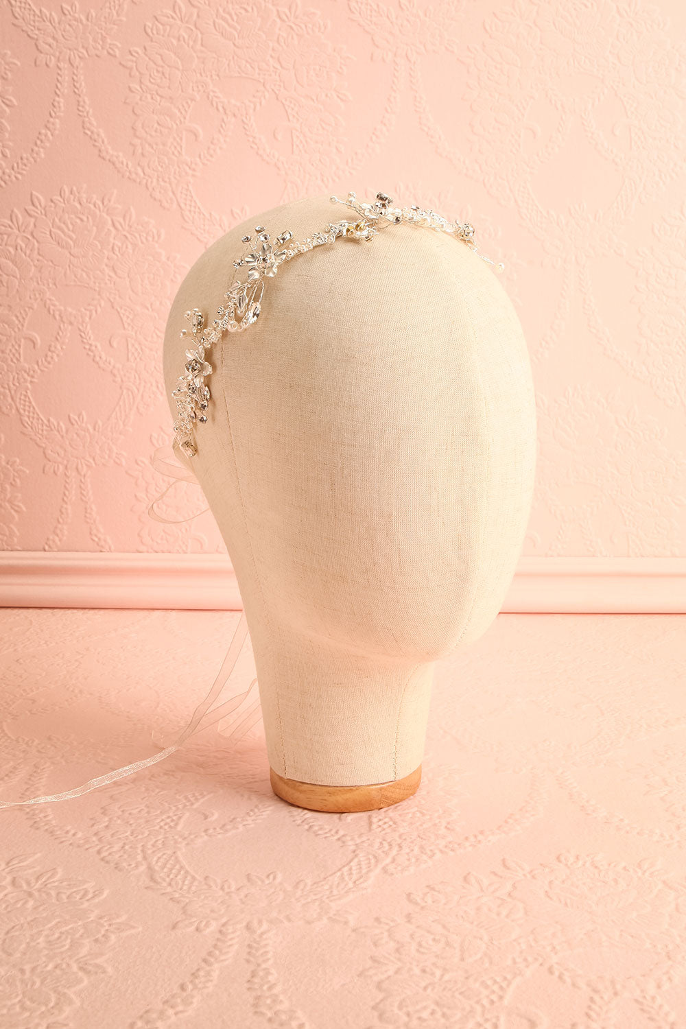 Khoi Silver Floral Rhinestone Ribbon Headband | Boudoir 1861 front view