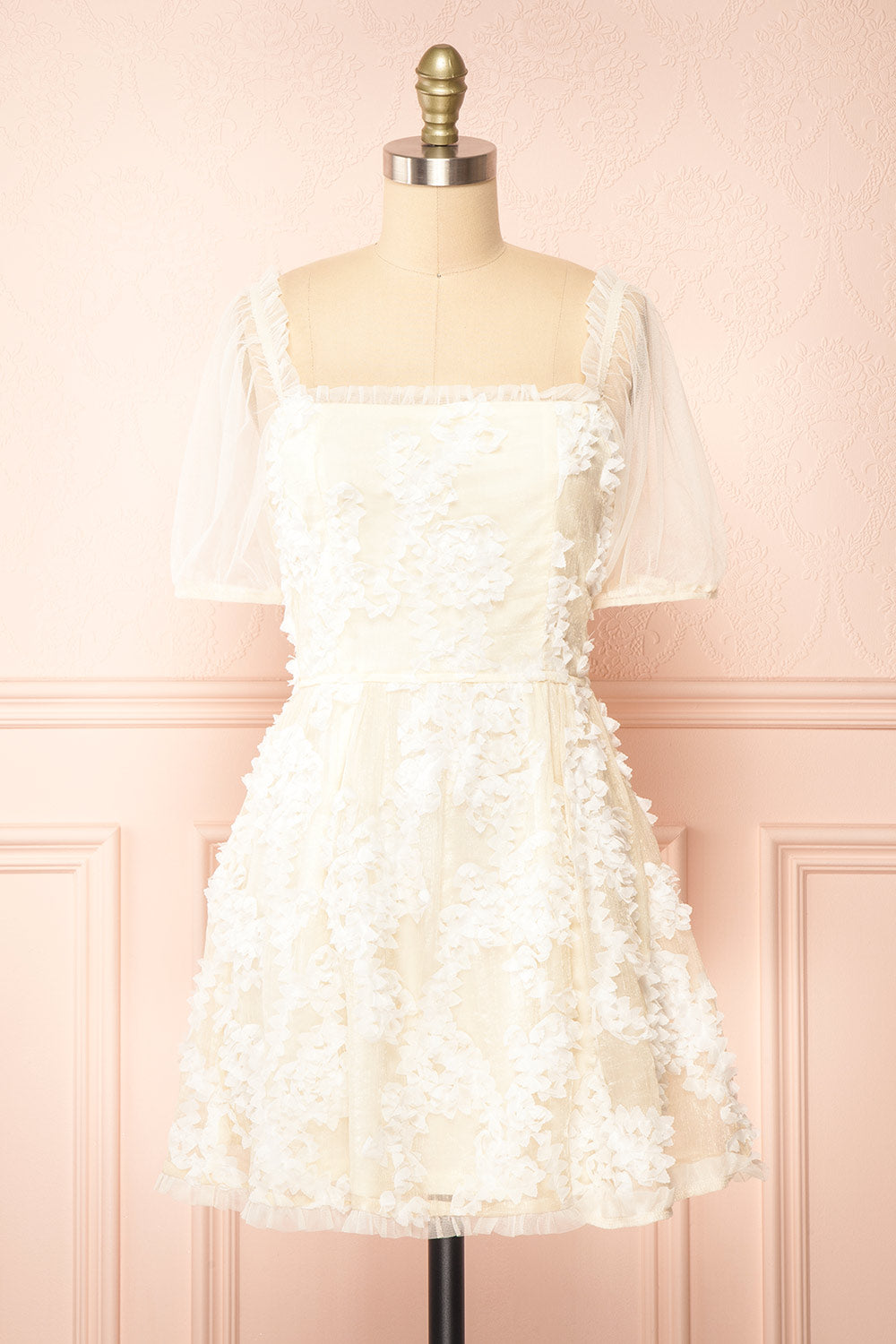 Kiera Short Ivory A-Line Dress w/ Floral Appliqué front view