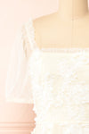 Kiera Short Ivory A-Line Dress w/ Floral Appliqué front close-up