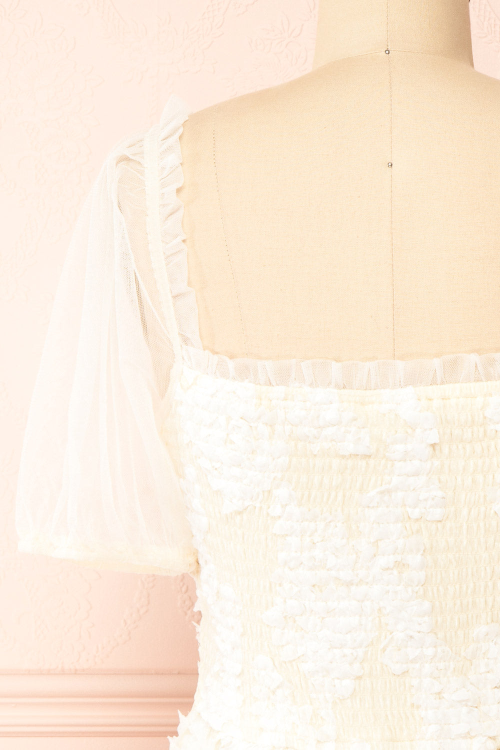 Kiera Short Ivory A-Line Dress w/ Floral Appliqué  back close-up