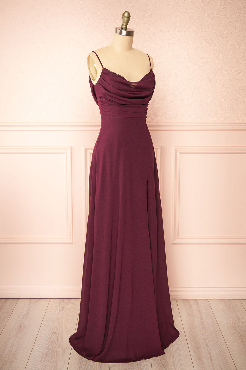 Kieran Burgundy A-Line Maxi Dress w/ Lace | Boutique 1861 side view