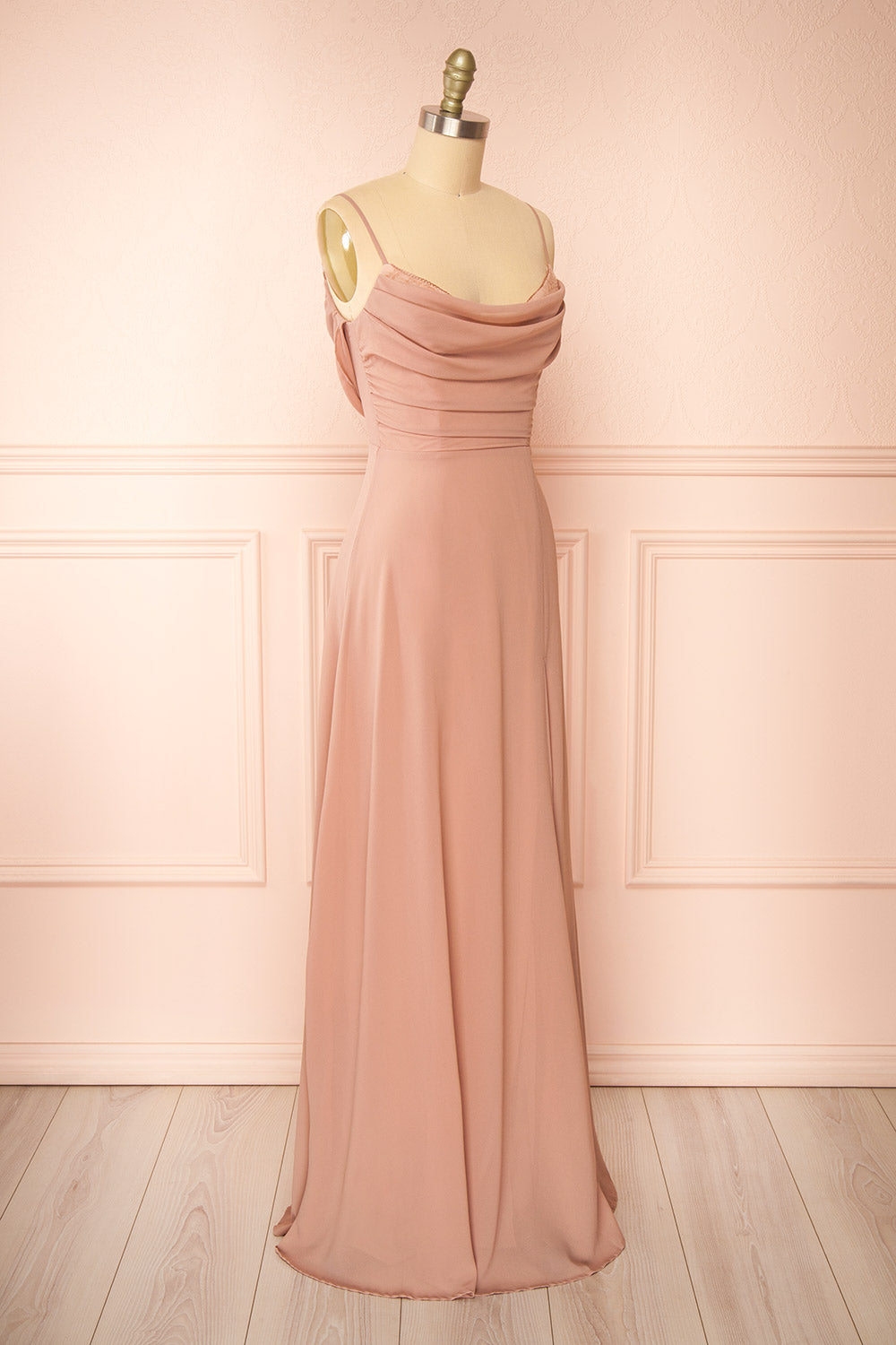 Kieran Taupe A-Line Maxi Dress w/ Lace | Boutique 1861 side view