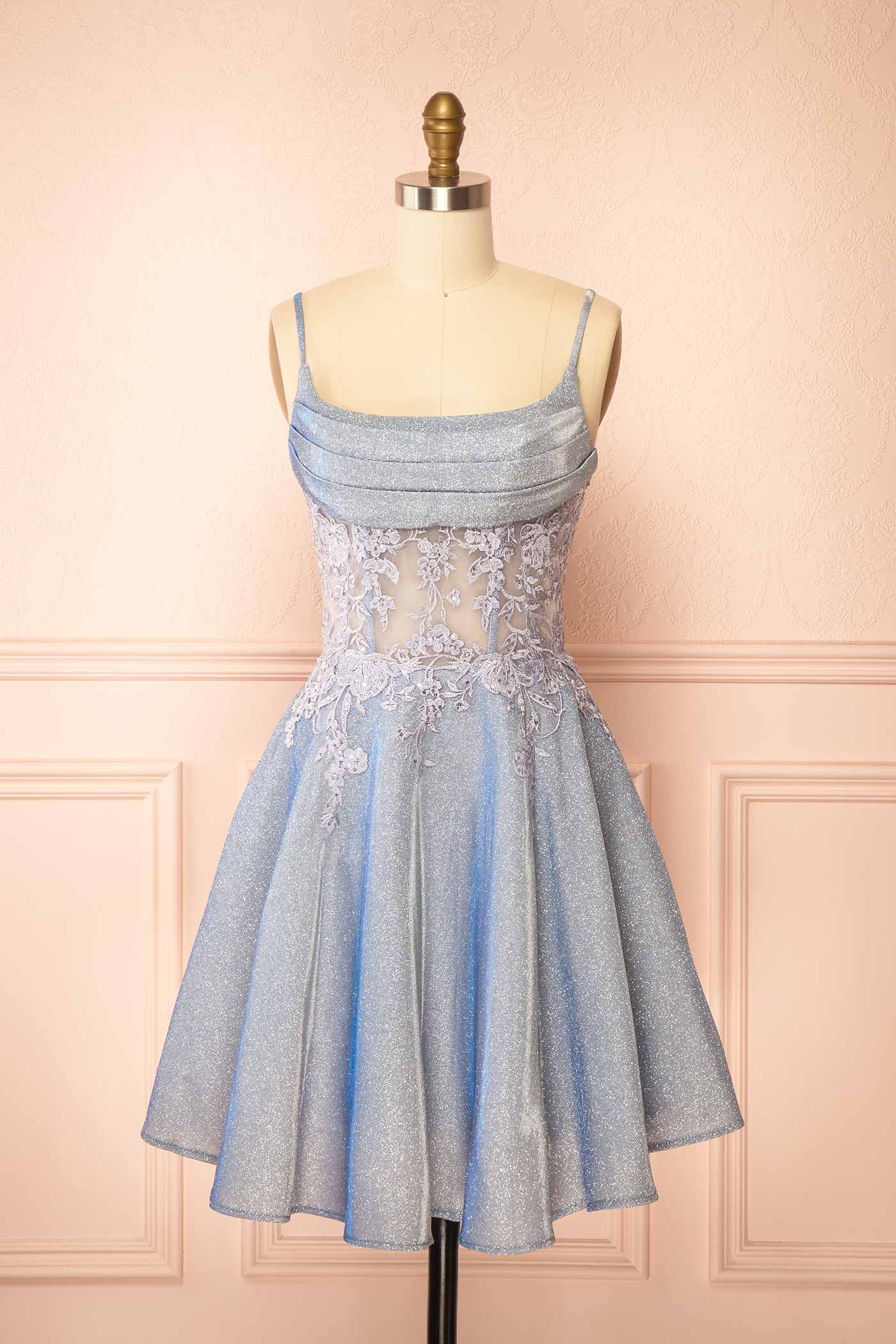 Kiliane Blue Sparkly Mini Dress with Sheer Corset | Boutique 1861 front