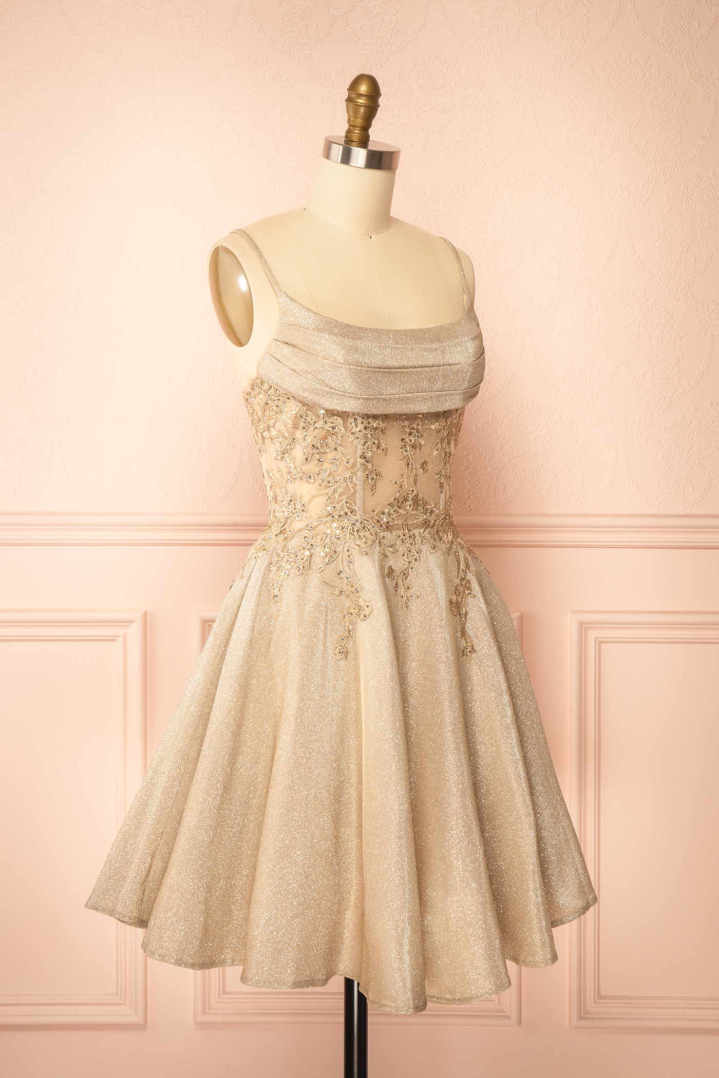 Kiliane Champagne Sparkly Mini Dress with Sheer Corset | Boutique 1861 side