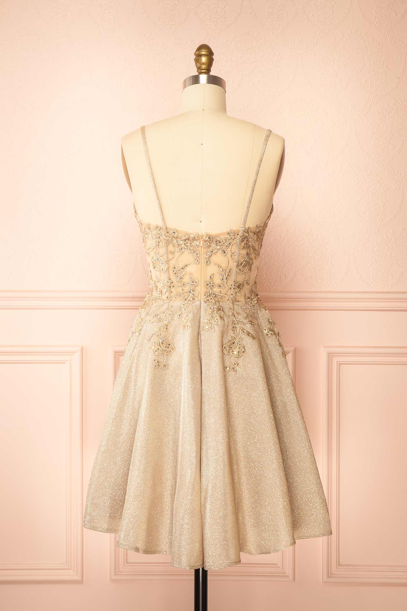 Kiliane Champagne Sparkly Mini Dress with Sheer Corset | Boutique 1861 back