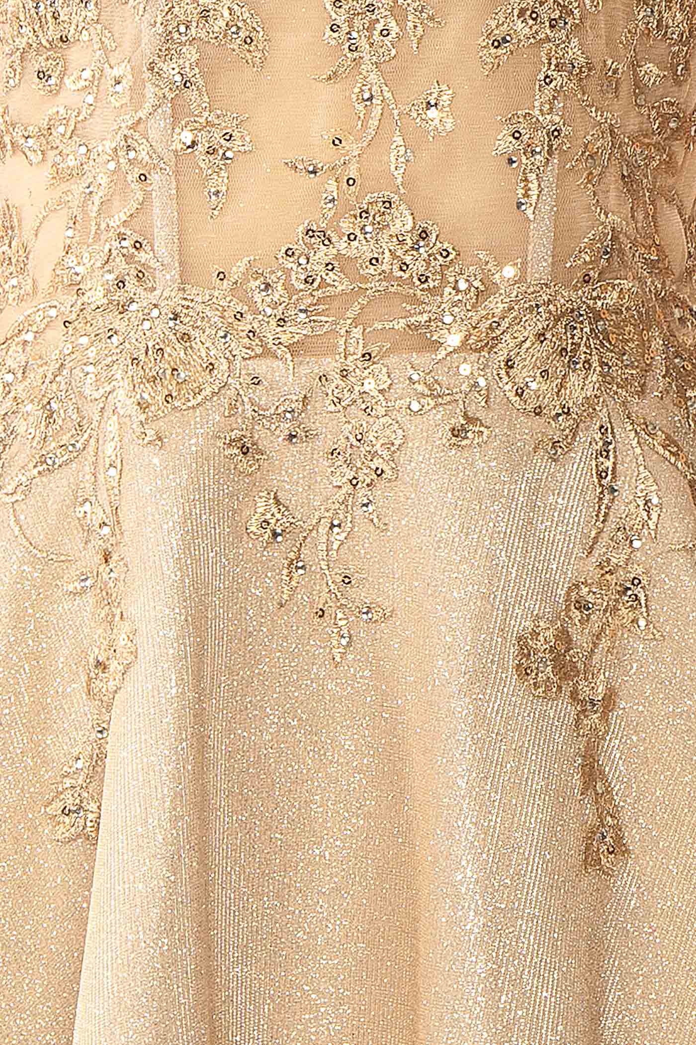 Kiliane Champagne Sparkly Mini Dress with Sheer Corset | Boutique 1861 fabric 