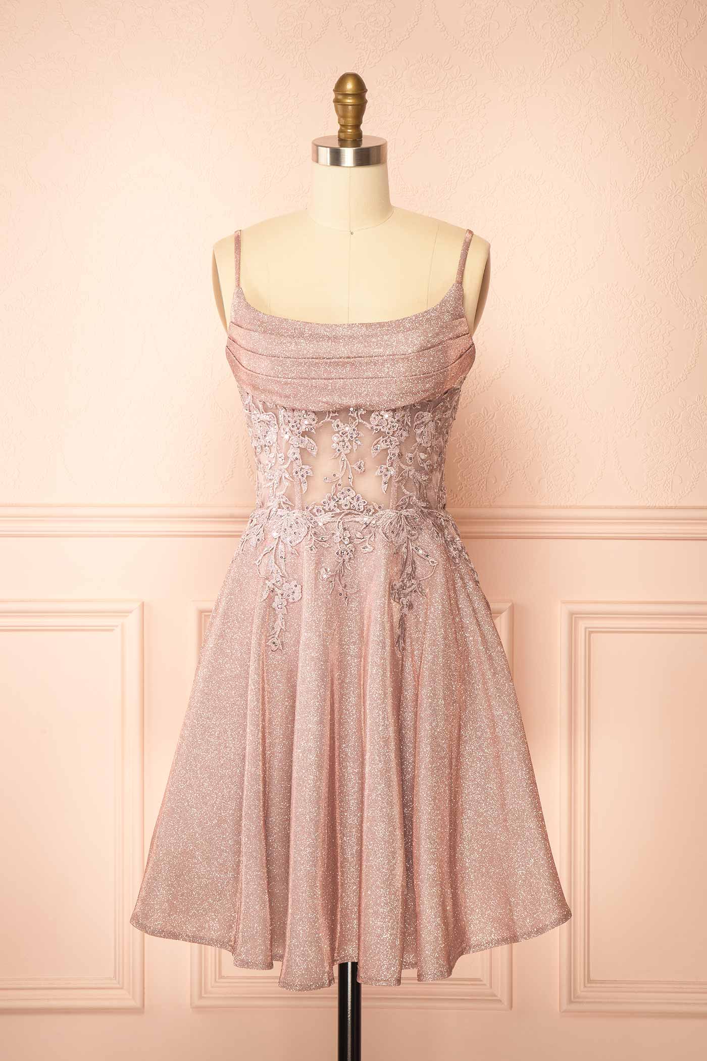 Kiliane Pink Sparkly Mini Dress with Sheer Corset | Boutique 1861 front