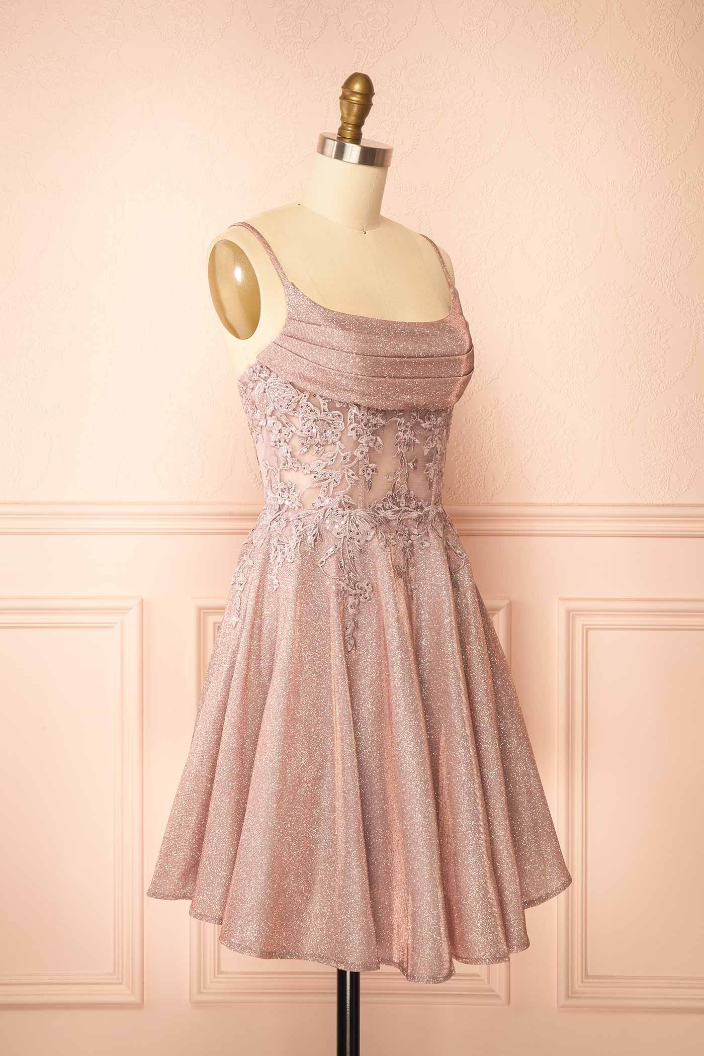 Kiliane Pink Sparkly Mini Dress with Sheer Corset | Boutique 1861 side