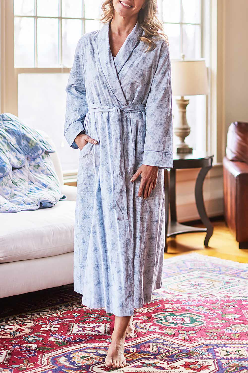 Kiori Blue Floral Dressing Gown | Boutique 1861 on model