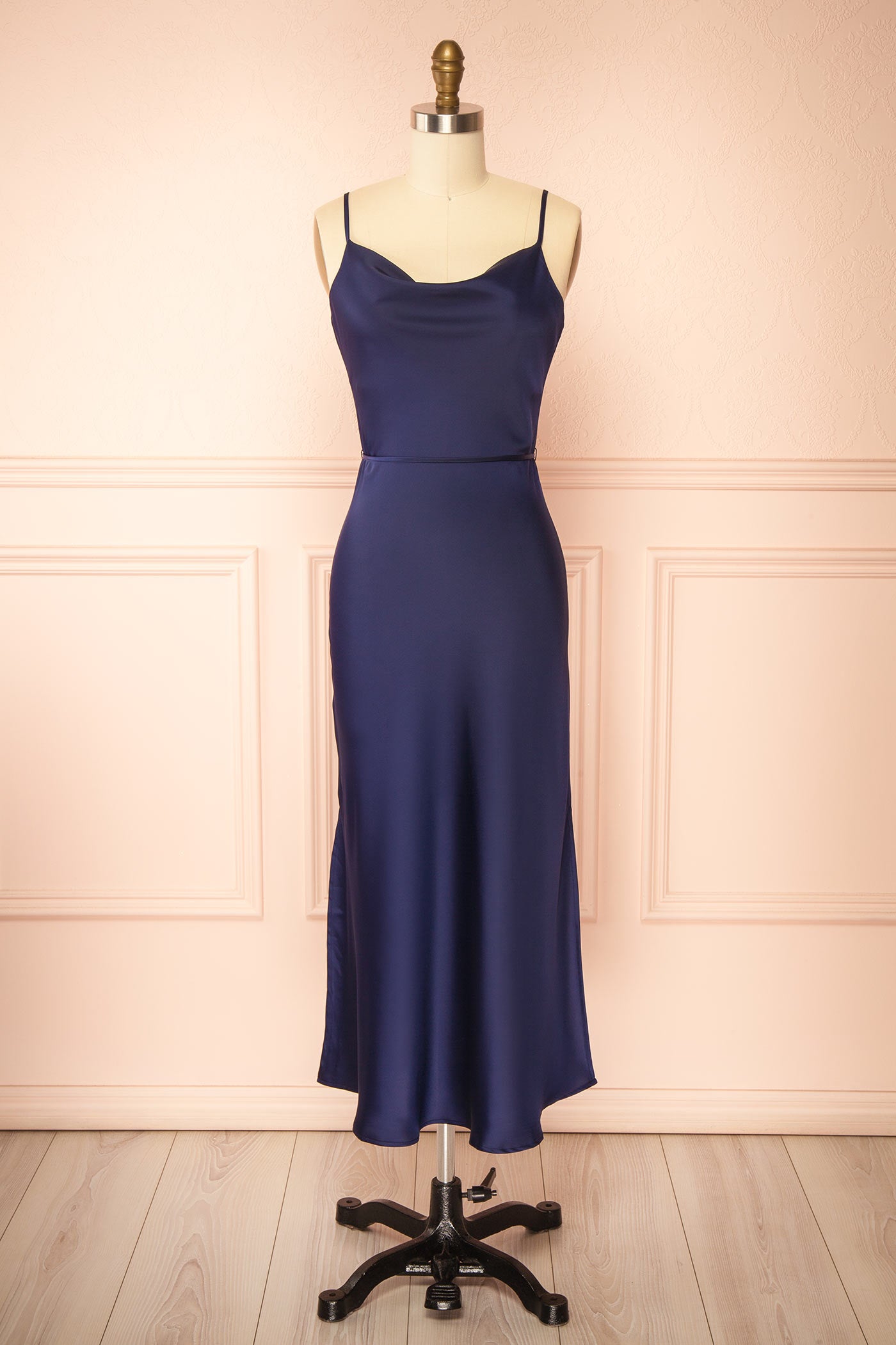 Kirsty | Navy Satin Cowl Neck Midi Slip Dress with Side Slits