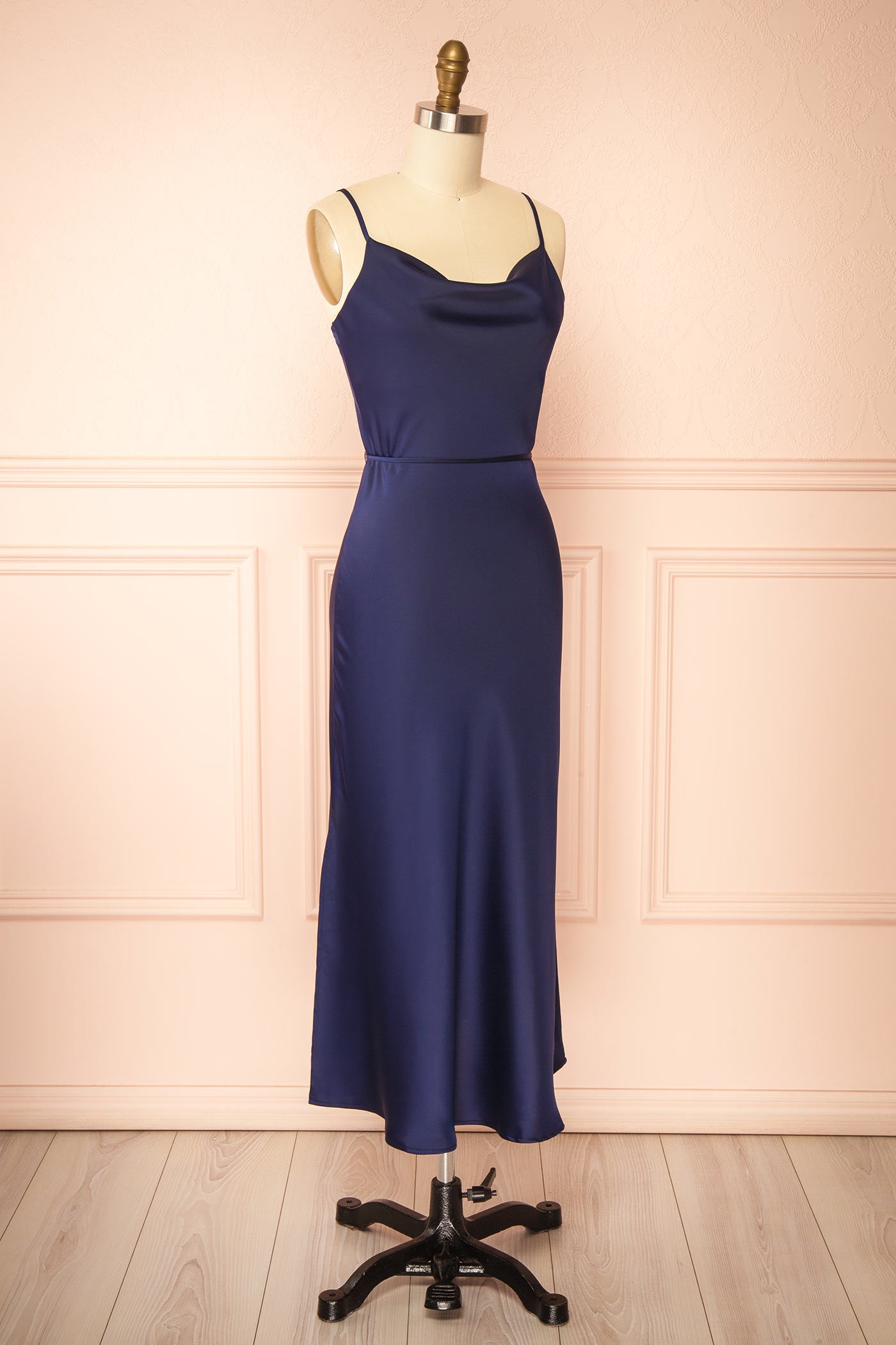 Kirsty | Navy Satin Cowl Neck Midi Slip Dress with Side Slits
