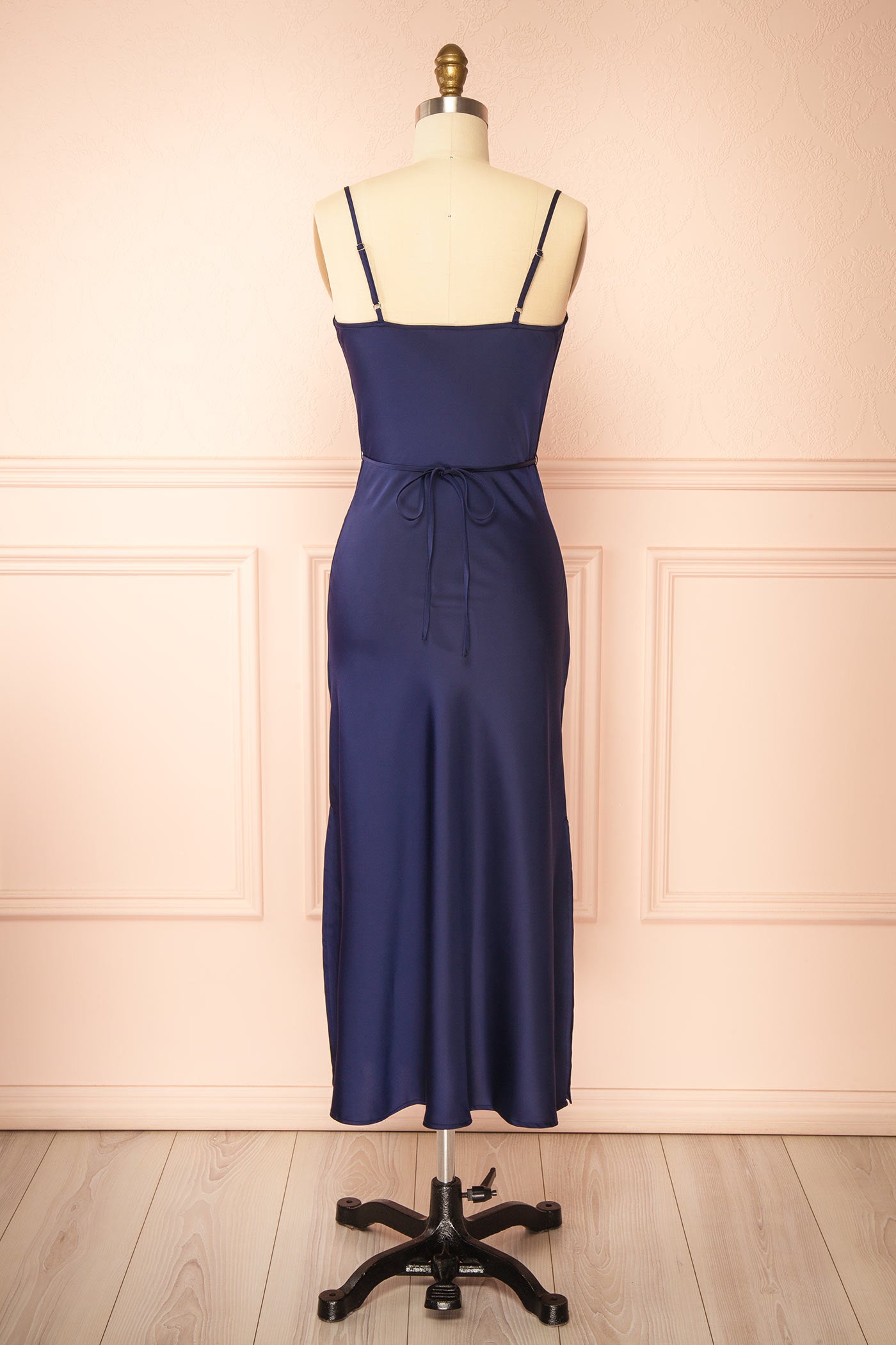Kirsty | Navy Satin Cowl Neck Midi Slip Dress with Side Slits