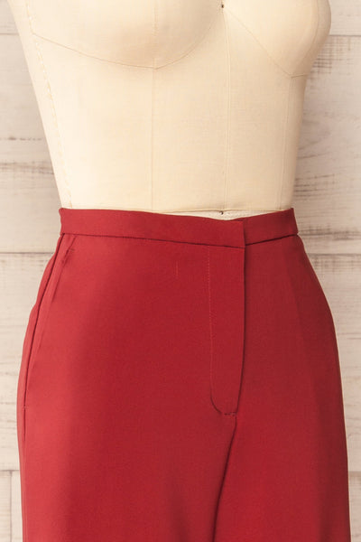 Kokola Red High-Waisted Straight Leg Pants | La petite garçonne side close-up
