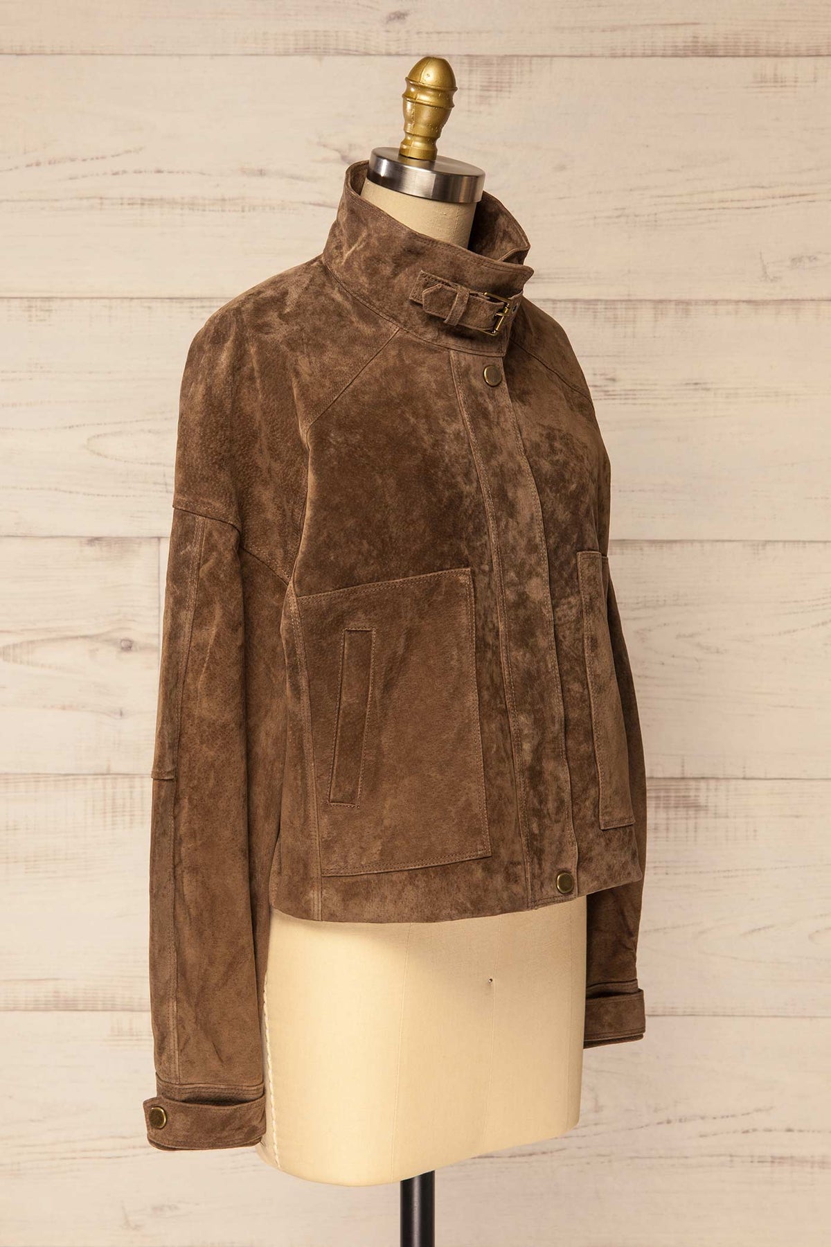 side view of Kolymskoye Brown Cropped Suede Jacket at La petite garçonne
