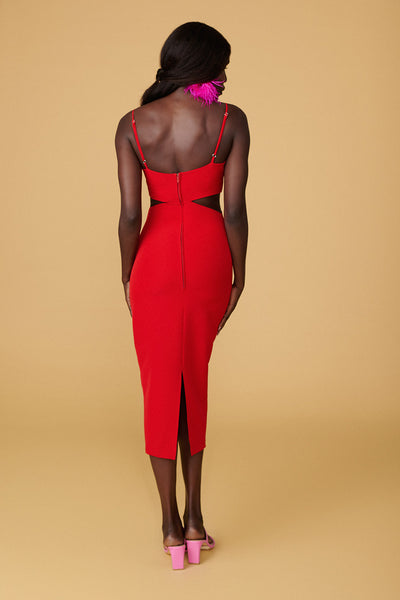 Komia Red Fitted Midi Dress w/ Cut-Outs | La petite garçonne back on model
