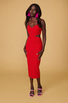 Komia Red Fitted Midi Dress w/ Cut-Outs | La petite garçonne on model