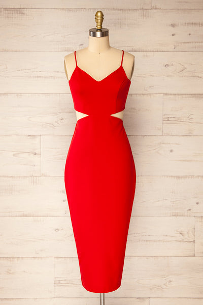 Komia Red Fitted Midi Dress w/ Cut-Outs | La petite garçonne front view