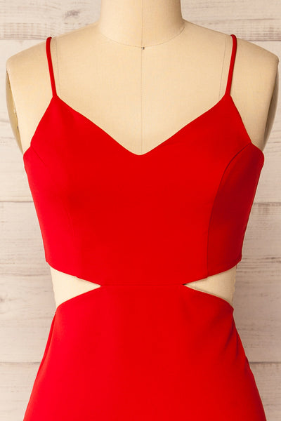 Komia Red Fitted Midi Dress w/ Cut-Outs | La petite garçonne front close-up