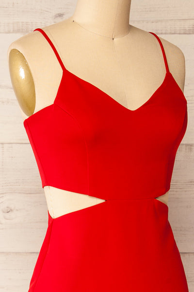 Komia Red Fitted Midi Dress w/ Cut-Outs | La petite garçonne side close-up