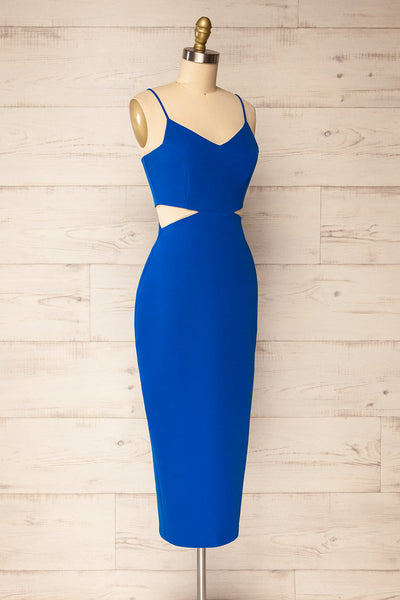 Komia Royal Blue Fitted Midi Dress w/ Cut-Outs | La petite garçonne side view