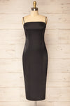 Korina Black Fitted Satin Midi Dress | La petite garçonne front view
