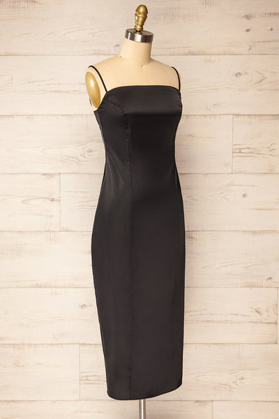 Korina Black Fitted Satin Midi Dress | La petite garçonne side view