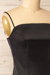 Korina Black Fitted Satin Midi Dress | La petite garçonne side close-up