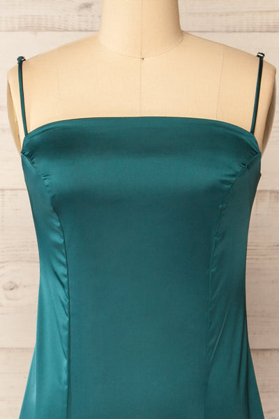Korina Green Fitted Satin Midi Dress | La petite garçonne front close-up