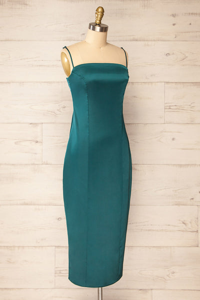 Korina Green Fitted Satin Midi Dress | La petite garçonne side view