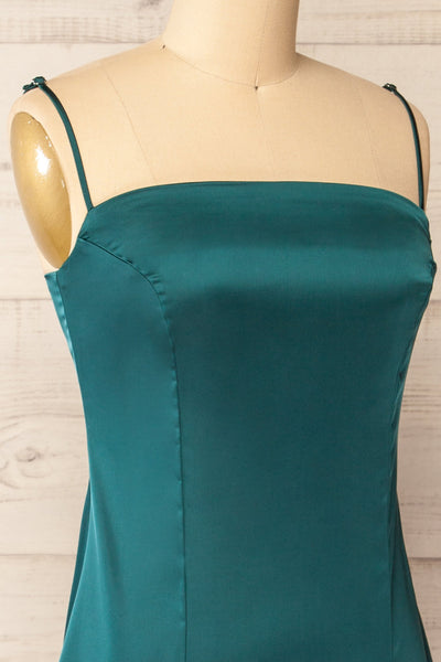 Korina Green Fitted Satin Midi Dress | La petite garçonne side close-up