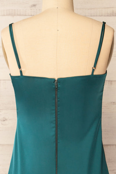 Korina Green Fitted Satin Midi Dress | La petite garçonne  back close-up