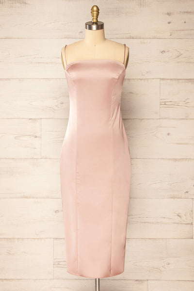 Korina Pink Fitted Satin Midi Dress | La petite garçonne front view