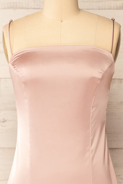 Korina Pink Fitted Satin Midi Dress | La petite garçonne  front close-up