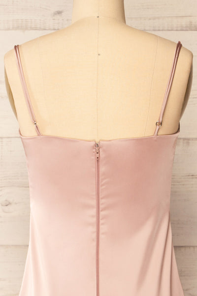 Korina Pink Fitted Satin Midi Dress | La petite garçonne  back close-up
