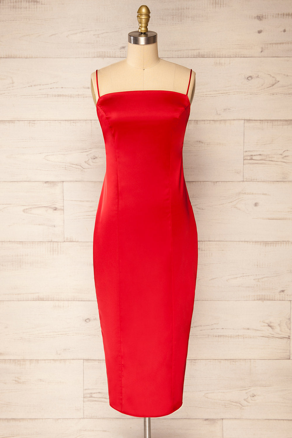 Korina Red Fitted Satin Midi Dress | La petite garçonne front view