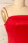 Korina Red Fitted Satin Midi Dress | La petite garçonne side close-up