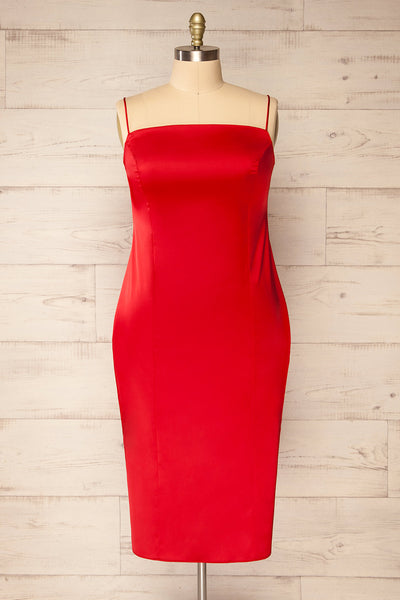 Korina Red Fitted Satin Midi Dress | La petite garçonne front plus size