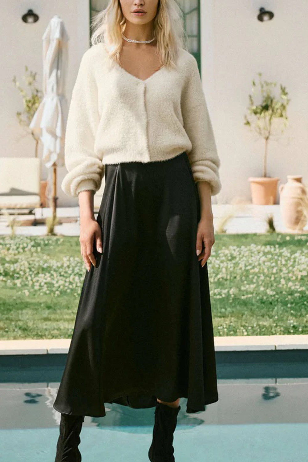 Kormo Black Long Satin Skirt | Boutique 1861 full model