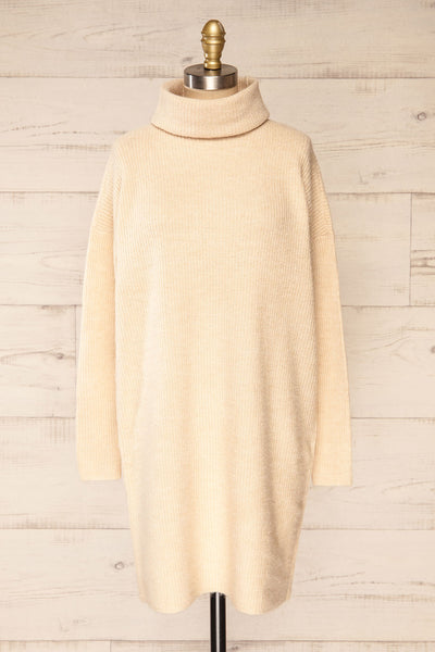 Koror Beige Knit Turtleneck Sweater Dress | La petite garçonne front view